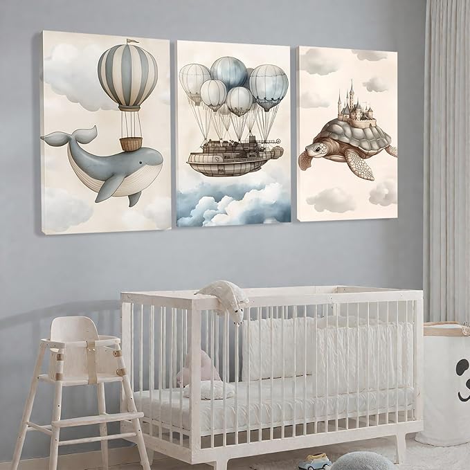 Ocean Nursery Canvas Wall Art, Sea Life Nursery Wall Decor, Kid Room Decor, Whimsical Wall Art Prints, Canvas Prints for Kids Room (12" x 18" x 3 pcs)