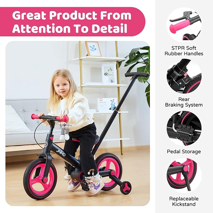 JMMD 6 in 1 Toddler Bike with Push Handle for Kids 18-60 Months, 12" Foldable Balance Bike with Training Wheels, Pedals, Brakes, Kickstand, Push Tricycle Toddler Gift & Toys for Boy & Girl