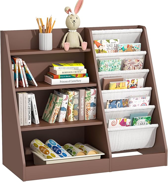 HedoAjim Kids Bookshelf Toy Storage Organizer 4-Tier Wood Book Rack Toddler Bookcase Baby Book Toy Display Shelf 5 Sling Bookshelf for Playroom Bedroom Nursery Classroom Church Espresso