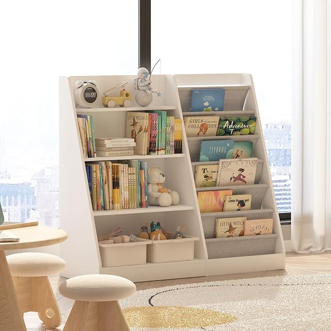 HedoAjim White Kids Bookshelf Wood Toy Storage Organizer Cabinet Children Bookcase Toddler Baby Sling Book Rack Adjustable Shelf for Playroom Bedroom Nursery Hallway School Kindergarten