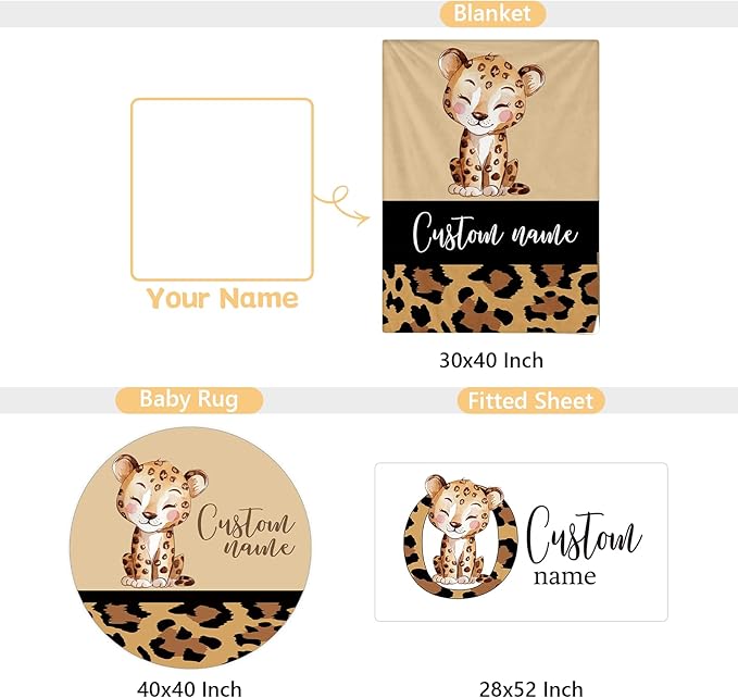Personalized Baby Bedding Set - 3 Pcs Custom Name Crib Bedding Set for Nursery, Soft Baby Crib Set with Double Layer Blanket for Boy Girl, Customized Gifts for Infant Toddler, Brown Leopard