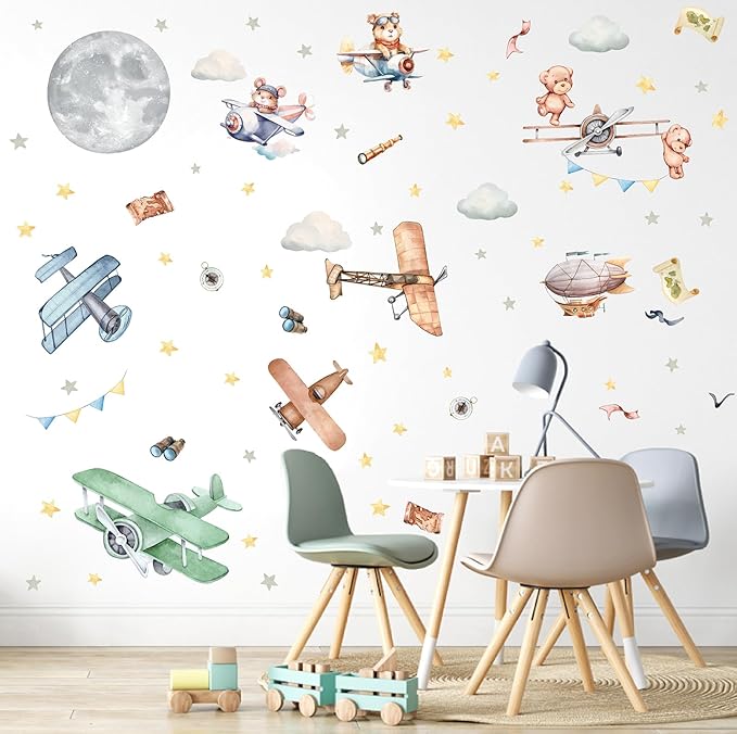 Vintage Airplane Wall Decals Cartoon Aircraft Balloon Animal Wall Stickers Moon Star Cloud Fabric Wall Stickers Cute Helicopter Watercolor Plane Wall Decals for Boys Room Kids Bedroom Nursery Decor