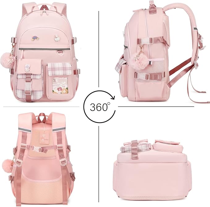 KIDNUO Backpack for Girls, 15.6 Inch Laptop School Bag Kids Kindergarten Elementary College Backpacks Large Bookbags for Teen Girl Women Students Casual Travel Daypacks (Pink)