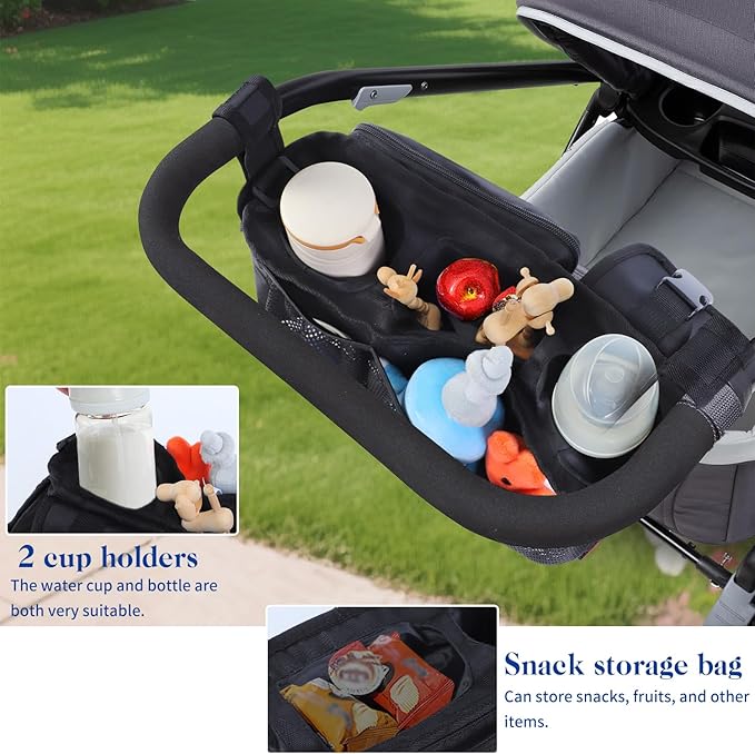 Stroller Organizer with Insulated Cup Holder,Universal Toddler Stroller Organizer Bag Caddy,Zippered Pockets for Phone,Adjustable Straps,Stroller Accessories,for Men,Women,(Balck)