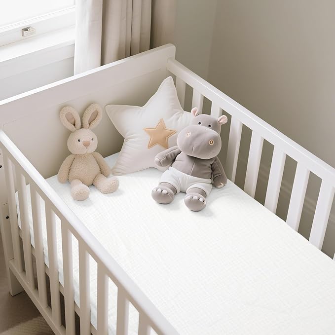 Baby Organic Crib Sheets 2 Pack 100% Organic Muslin Cotton 52x28 Inches Fitted Crib Mattress Sheet for Baby Girls Boys, Ultra Soft Neutral Toddler Bedding Bed Sheets Fits Standard Size Cribs Mattress