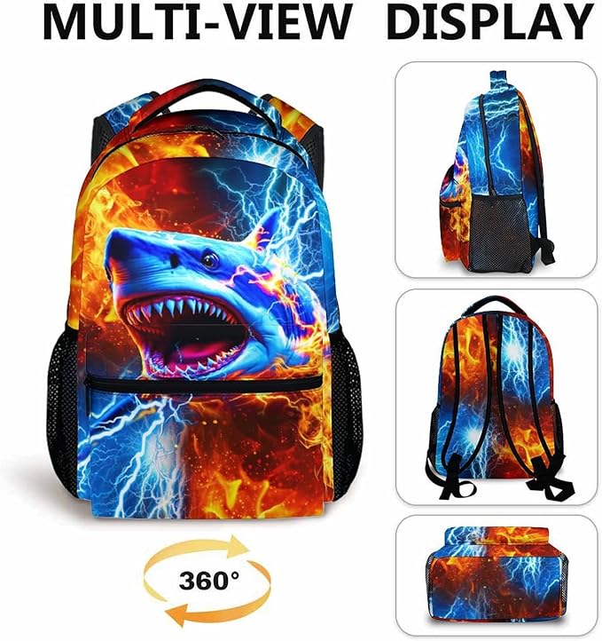 CustomWish Boys Shark Backpack - School Backpacks for Kids Teens Kindergarten Primary Middle Senior - 17 Inch Cool Lightweight Large Capacity Bookbag for School Travel