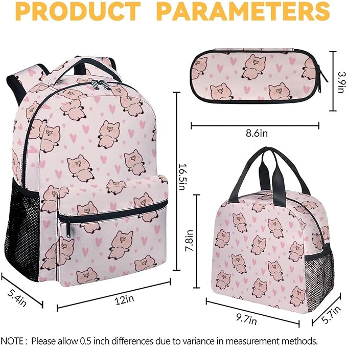 AIOMXZZ Pig Backpack with Lunch Box and Pencil Case, 16 Inch Cute Pig Bookbag Durable, Lightweight, Large Capacity, Funny Animal Backpack for School Girls Kids Women
