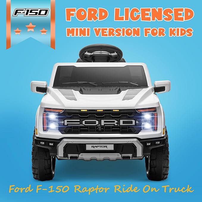 ENYOPRO 12V Licensed Ford F-150 Raptor Electric Car for Kids, Toddler Ride On Truck w/Remote Control, Kids Ride On Toys w/LED Lights, Bluetooth, Radio, Seat Belt, Soft Start, Rear Storage (White)