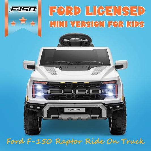 ENYOPRO 12V Licensed Ford F-150 Raptor Electric Car for Kids, Toddler Ride On Truck w/Remote Control, Kids Ride On Toys w/LED Lights, Bluetooth, Radio, Seat Belt, Soft Start, Rear Storage (White)