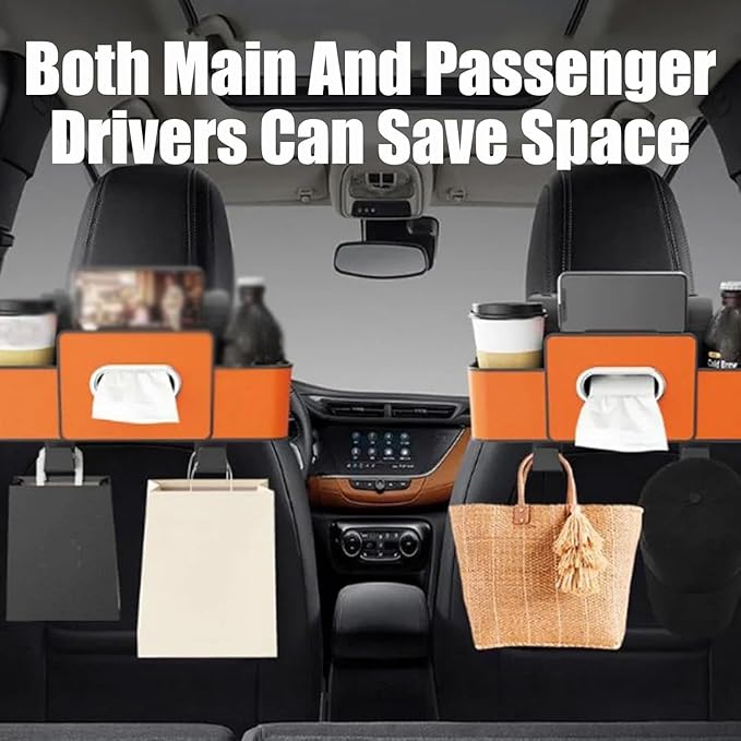 Back Seat Car Organizer,2026 New 4 in 1 Multifunctional Car Back Seat Storage Box with Drink Cup Holder Tissue Box, Car Seat Gap Filler Organizer for Hold Phone,Snacks, Drinks, Handbag (Orange)