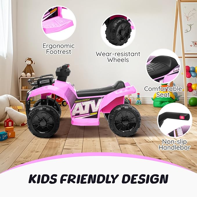 ATV for Kids, 6V Battery Powered Toddler 4 Wheeler w/Music, Light, 1.2mph Max Speed, Kids ATV 4 Wheeler for Toddlers Aged 1.5-3 Years Old, Light Pink