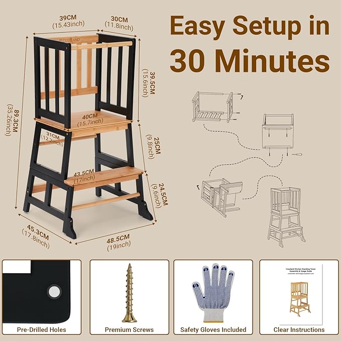COSYLAND Kids Kitchen Step Stool Helper - Wooden Standing Tower for Kids with Anti-Tip Support Legs (Black & Natural)