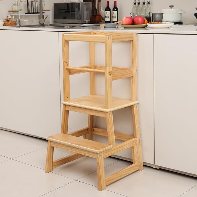 Kids Kitchen Step Stool for Kids with Safety Rail,Solid Wood Construction Toddler Learning Stool, Montessori Toddlers Kitchen Stool Tower(Natural)