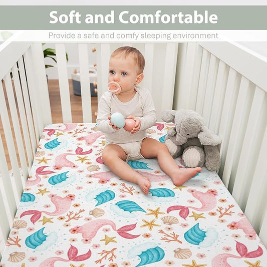 Mermaids Tails Baby Crib Sheets for Boy Girl 52x28Inch Fairytale Fish Floral Waves Starfish Conch Soft Snug Fitted Crib Mattress Cover Summer Beach Baby Sheet for Standard Crib & Toddler Bed Mattress