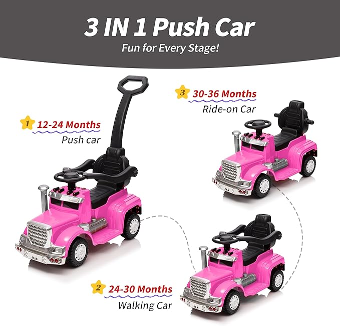 3-in-1 Ride on Push Car for Toddler with Handle, Toddler Ride on Toy for Boys, Stroller Sliding Walking Car w/Music, Horn and Lights - Hot Pink