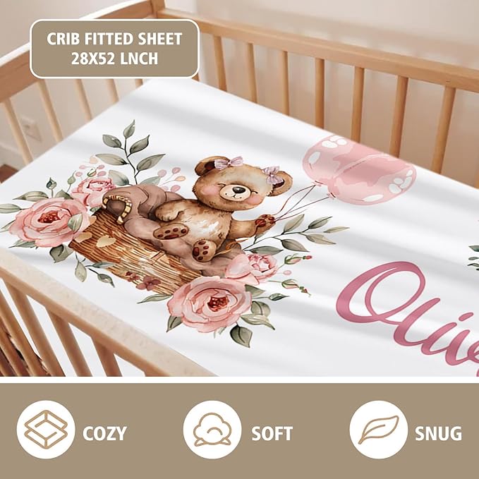 Personalized Baby Crib Bedding Set, Custom Name Pink Bear Theme Baby Bedding 2-Pcs Set - Soft Double Layer Dotted Blanket and Fitted Sheet, Nursery Bedding for Newborn Boys Girls, Perfect Shower Gift