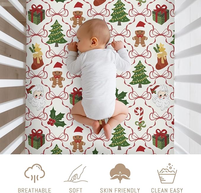 Santa Christmas Bows Baby Crib Sheets for Boy Girl Retro Christmas Trees Stockings Fir Gifts Soft Snug Fitted Crib Mattress Covers for 52x28 Standard Crib & Toddler Mattress Winter Baby Sheets
