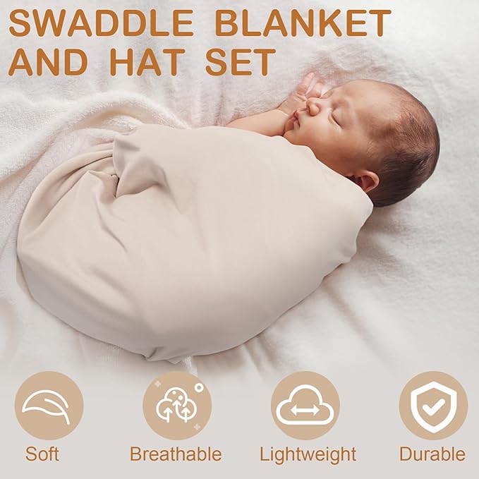 JaGely 2 Pcs Stretchy Baby Swaddle Blankets Set Extra Soft 47" x 47" Baby Newborn Swaddle Blanket and Hat(Apricot, Khaki)