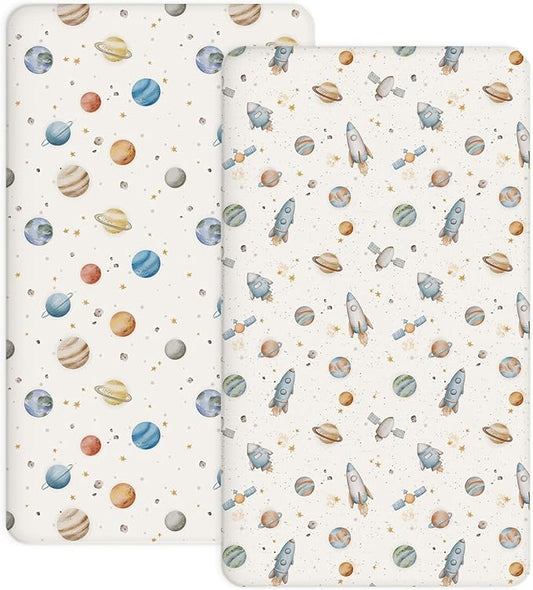 Crib Sheets for Boys and Girls, 2 Pack Fitted Baby Sheets for Standard Toddler Mattress 28" x 52", Soft Breathable Jersey Knit Baby Bedding (Stellar Adventure)