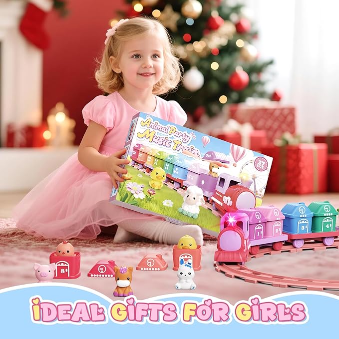 Learning Toys for Toddlers 1 2 3 Year Old,Electric Farm Train Set for Girls 2-4,Counting Matching & Sorting Montessori Train Toy with Farm Animals, Music, Light, Christmas Birthday Gift Baby (Pink)