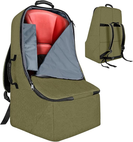 ZRRAJOY Padded Car Seat Travel Bag for Airplane, Heavy Duty Backpack for Air Travel, Water-Resistant Carrier with Shoulder Strap, Fits Most Car Seats (Green)