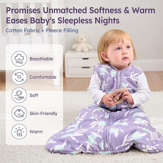 Baby Sleep Sack 18-24 Months TOG 2.5 Winter Baby Wearable Blanket, 100% Cotton Toddler Sleeping Sack with 2-Way Zipper Warm Soft Purple Leaf