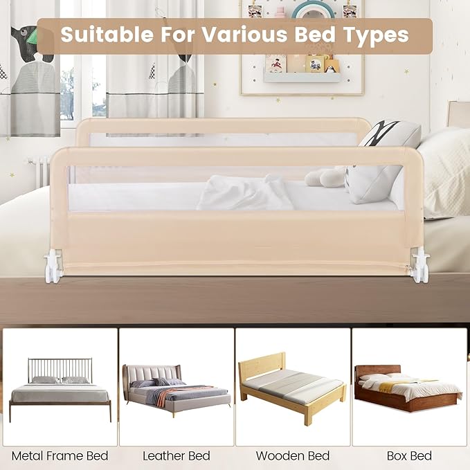 HONEY JOY Bed Rail for Toddlers, 59-in Extra Long, Portable Safety Bed Guardrail w/Double Safety Child Lock, Foldable Baby Bed Rail Guard, Fit King & Queen Full Twin Size Bed Mattress (1 Pack, Beige)