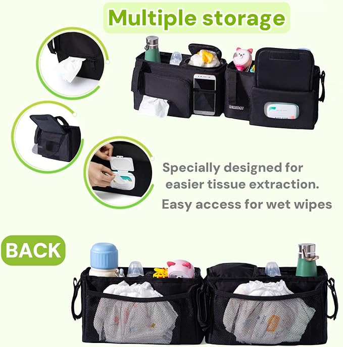 AEMIDAY Double Stroller Organizer Compatible with BOB Duallie and Baby Jogger City Mini GT2 Double Stroller, Double Baby Stroller Accessories with 2 Cooler Pockets , Black(Empty Bag)