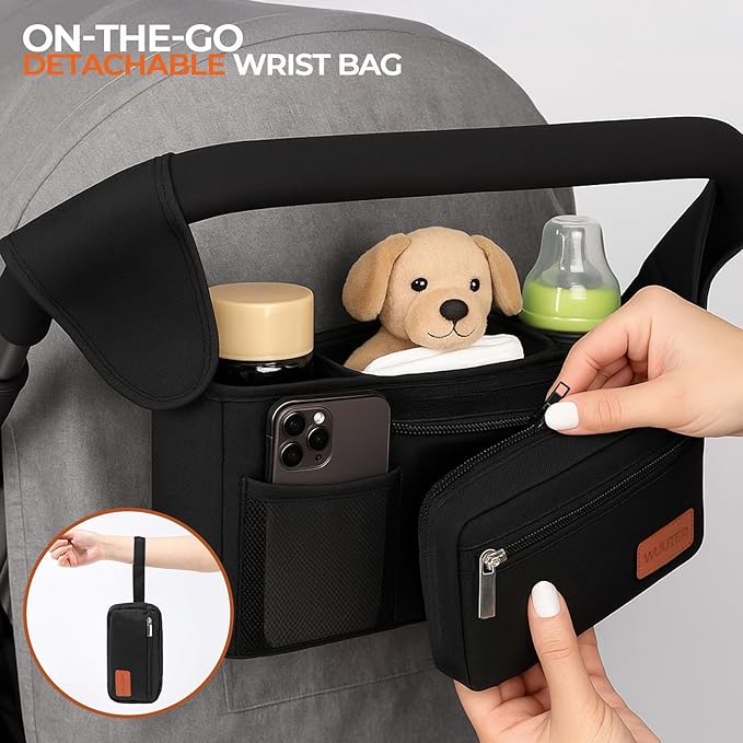 WUUTER Stroller Organizer with Cup Holder Detachable Wristlet Large Capacity Baby Stroller Bag for Mom, Fits Uppababy, Baby Jogger, Britax, BOB, More (Black)