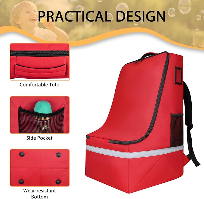 LARIPOP Car Seat Travel Bag for Airplane,Infant Seat Travel Bag with Shoulder Strap,Padded Car Seats Backpack with Reflective Stripes,Large Carseat Carrier Bag Travel Car Seat Cover, Red