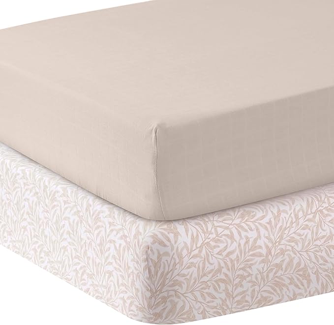 MOZAH Organic Muslin Crib Sheets, Soft and Breathable Bedding for Baby Girls or Boys, Snug Fitted Sheet for Standard Cribs & Toddler Mattresses, 2 Pack, Beige and Beige Leaves