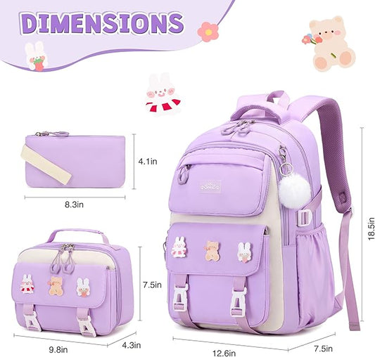 DIGOBAY 3PCS Girls Backpack for School, Kids Backpack for Girls with Lunch Box Pencil Case Set for Teen Girl Elementary Primary Middle High College School Bookbag with Cute Pins (Purple)