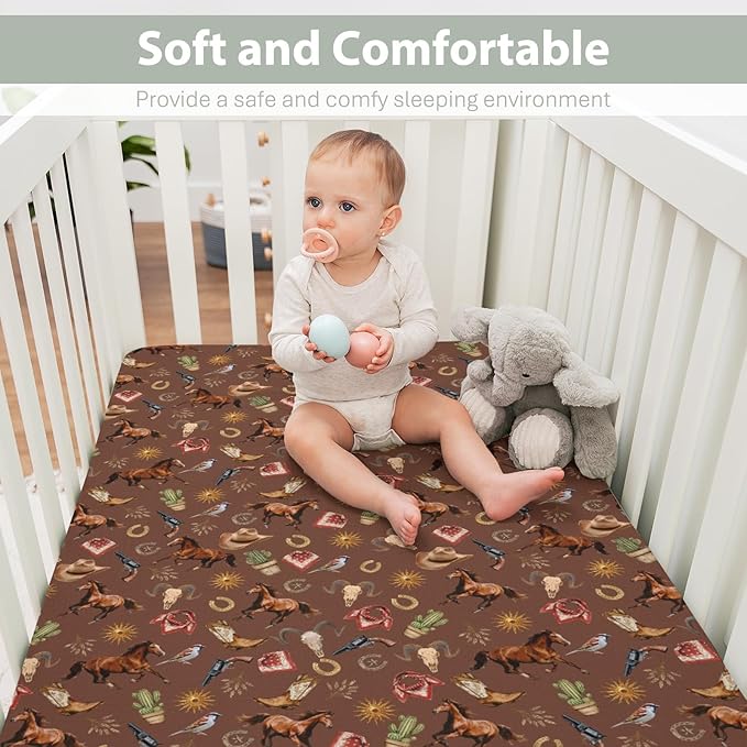 Western Cowboy Baby Crib Sheets for Boy Girl 52x28Inch Vintage Horse Cowboy Boots Hat Cactus Goat Sun Soft Snug Fitted Crib Mattress Cover Wild West Baby Sheet for Standard Crib & Toddler Mattresses