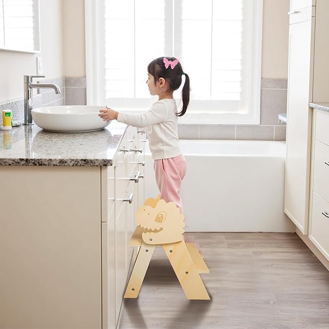 TinyHaven Wooden Toddler Step Stool, 2-Step Foldable Stool for Kids with Non-Slip Surface, Baby Bathroom Stool for Potty Training, Bathroom Sink, Kitchen Counter with Cute Dinosaur Design, Natural