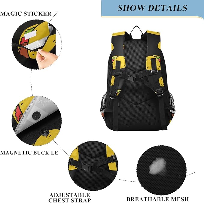 Jucciaco Tacos Food School Backpack Laptop Travel Daypack for Kids Girls Boys, Personalized Computer Notebooks Bookbag with Adjustable Padded Straps