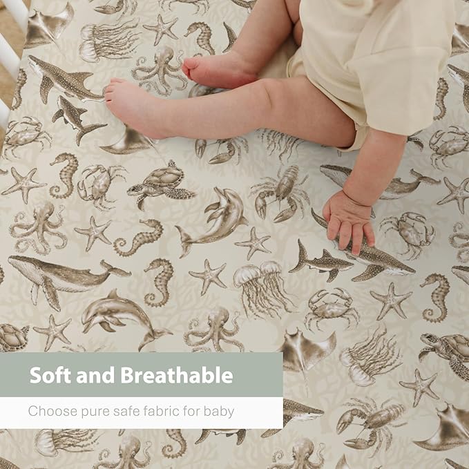 Retro Marine Animals Baby Crib Sheets Boy Girl 28"x52" Whale Dolphin Jellyfish Sea Horse Turtle Coral Soft Snug Fitted Crib Mattress Cover Ocean Animal Baby Sheet for Standard Crib & Toddler Mattress