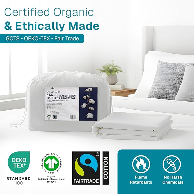 Fabdreams Organic Twin XL Size Waterproof Mattress Protector, 39" x 82", White, Temperature Regulating, Breathable, 100% Organic Cotton