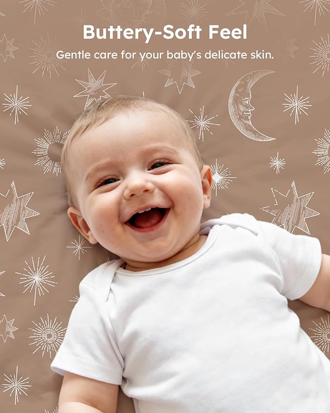 Baby Crib Sheets for Boys Girls, 28x52x8in Fitted Crib Sheet Neutral 3 Pack for Standard Crib and Toddler Mattress, Breathable Soft Microfiber Baby Sheet White Brown Sun God