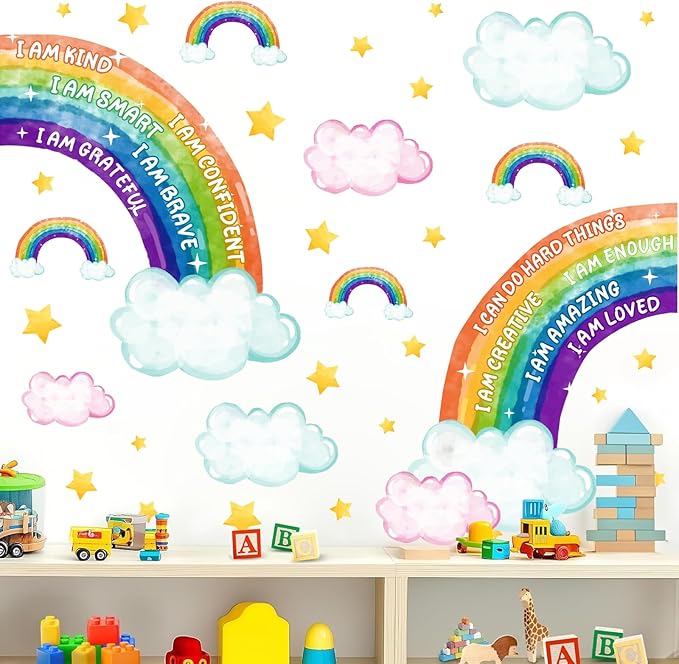 Colorful Rainbow Wall Stickers Inspirational Wall Decal for Kids Boys Girls Bedroom Watercolor Rainbow Walls Decal Peel and Stick Positive Cloud Vinyl Art Murals for Toddler Baby Room Playroom Nursery