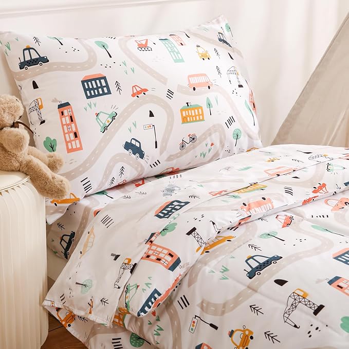 JSD Car Toddler Bedding Set, 4 Piece Bed-in-a-Bag Toddler Microfiber Comforter Sheet Set, All Season Machine Washable