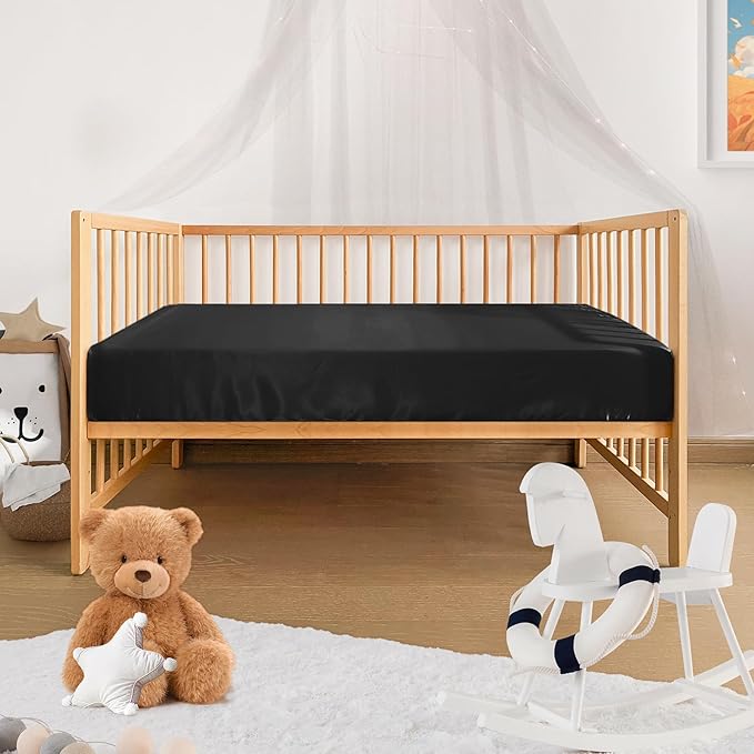 Pro Goleem Satin Soft Crib Sheet Great for Baby with Sensitive Hair Silky Baby Sheet Black 52’’x28’’x8’’ Unisex Fitted Sheet Gift for Boys and Girls