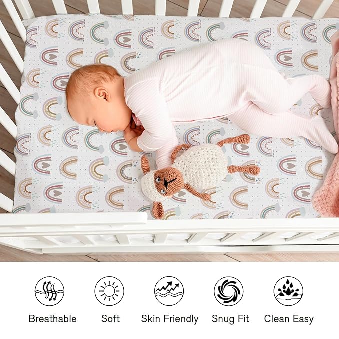 Boho Rainbows Hearts Baby Crib Sheets Boy Girl 52"x28" Colorful Rainbow Cloud Star Soft Breathable Crib Mattress Cover Rainbow Lovers Gift Fitted Baby Sheet for Standard Crib and Toddler Bed Mattress