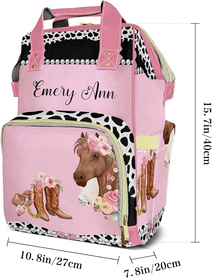 Personalized Cowgirl Horse Floral Custom with Name Diaper Bag Backpack For Baby Boy Girl Dad Mom Unisex for Adult Daypack Holiday Gift