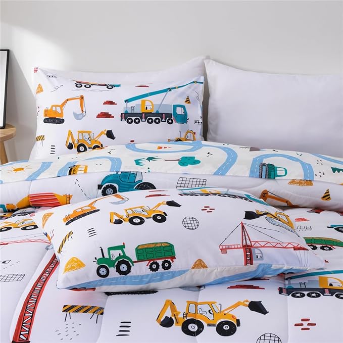 NTBED 5 Pieces Construction Truck Twin Comforter Set for Boys Kids Building Vehicles Excavator Lightweight Microfiber Bedding Sets