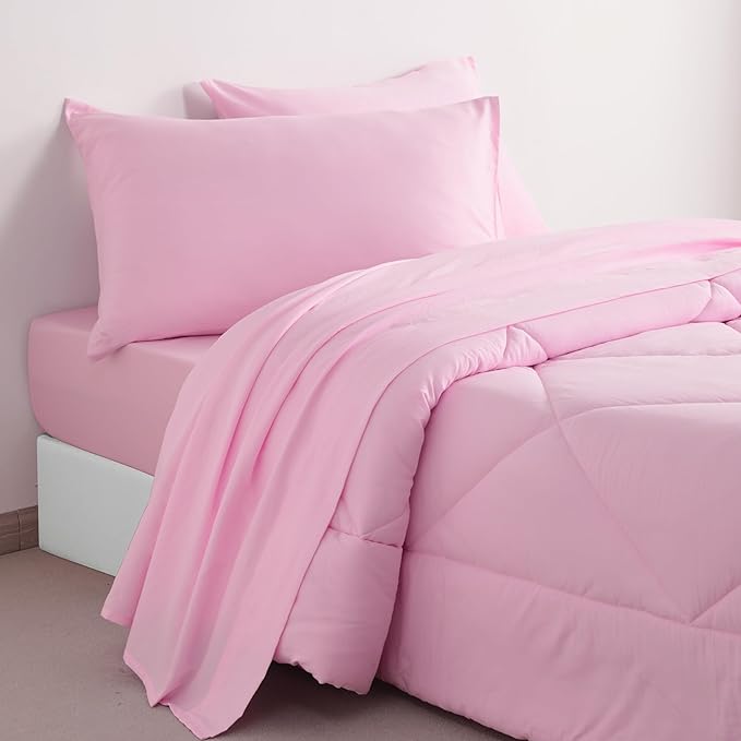 FLXXIE 5 Pieces Toddler Bedding Set, Soft and Breathable Microfiber Crib Sheet Set, Includes Quilted Comforter, Flat Top Sheet, Fitted Sheet, Envelope Pillow Case for Boys and Girls, Pink