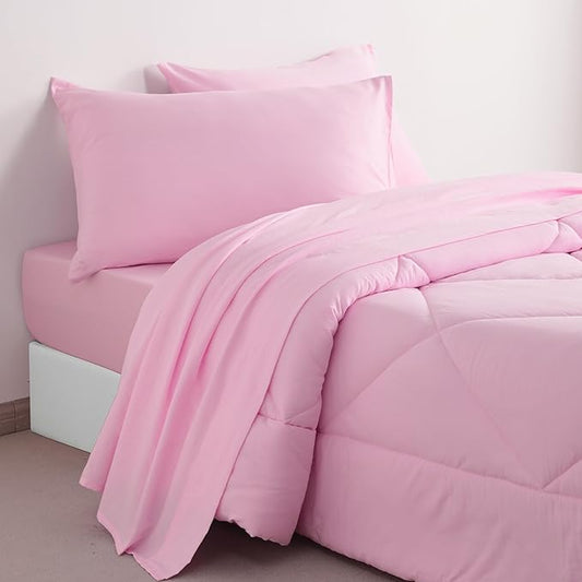FLXXIE 5 Pieces Toddler Bedding Set, Soft and Breathable Microfiber Crib Sheet Set, Includes Quilted Comforter, Flat Top Sheet, Fitted Sheet, Envelope Pillow Case for Boys and Girls, Pink
