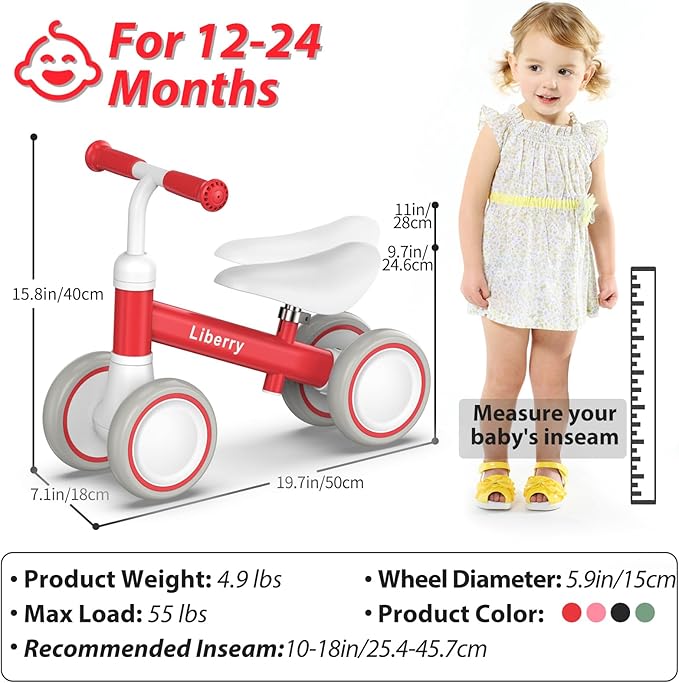 Liberry Baby Balance Bike with Adjustable Seat, Toddler First Ride-On Toy for 1-2 Year Old, Boys Girls Birthday Gift