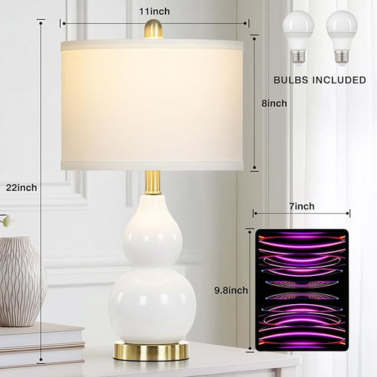 luxeflow 22" Modern Double Gourd Ceramic Table Lamps Set of 2, White Bedside Lamps for Living Room, Contemporary Nightstand Desk Lamps for Bedroom End Table Home Office Decor(2 LED Bulbs Included)