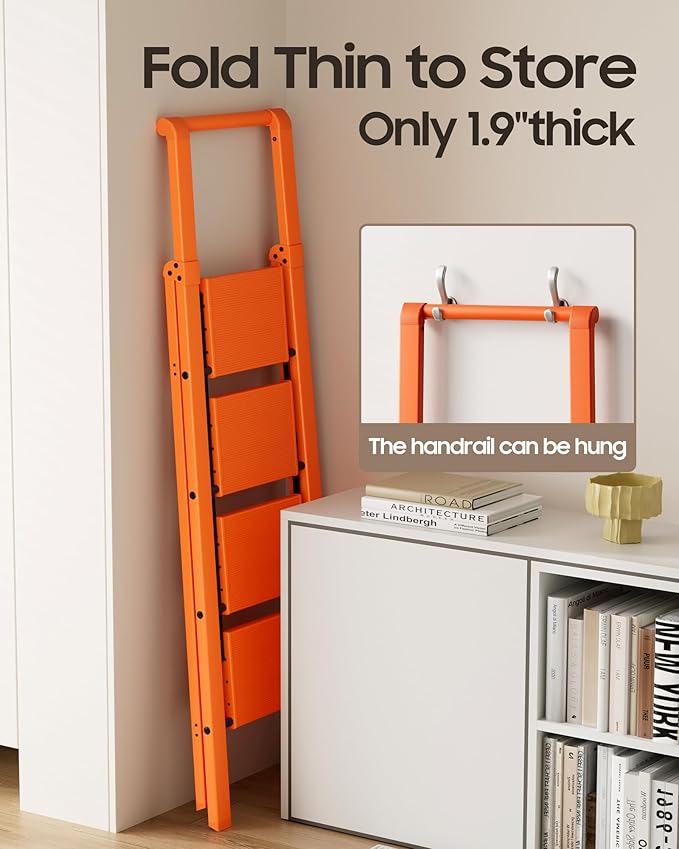 HillhutApex 4 Step Foldable Aluminum Step Ladder with Handgrip, Anti-Slip Pedal, 330 lbs Capacity, Lightweight & Portable for Home, Kitchen, Office, Garage (Orange)