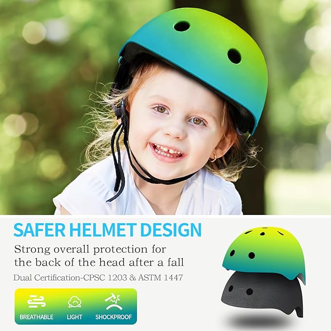 Adjustable Gradient Color Kids/Toddler Bike Helmet for 1-2-3-5-8-14 Years Boys Girls,Skateboard Helmet with Knee and Elbow Pads Wrist Guard Roller Skates,Cycling,Skating Scooter Longboard
